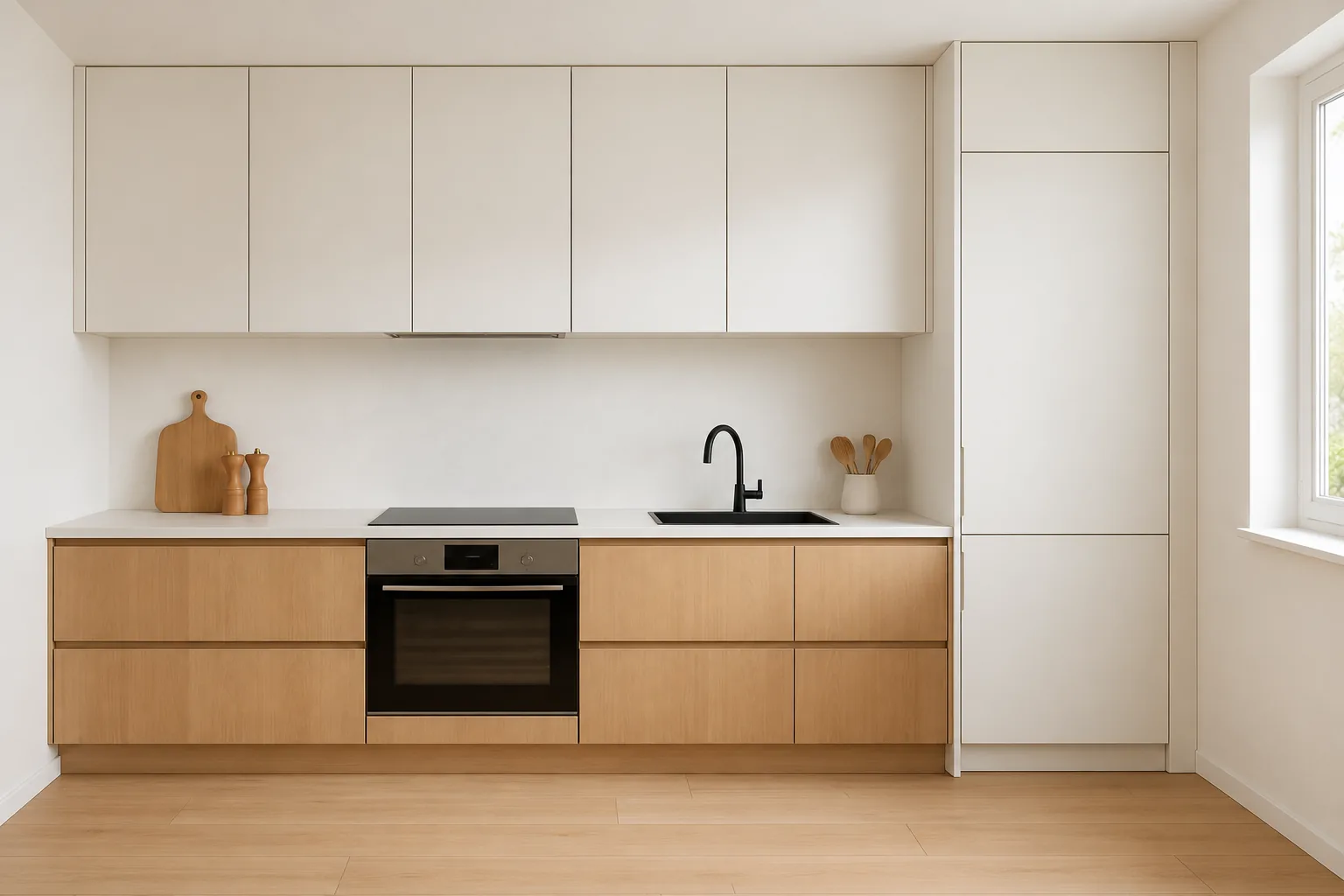 Cocina Lino con muebles altos blancos, bajos de roble y encimera clara