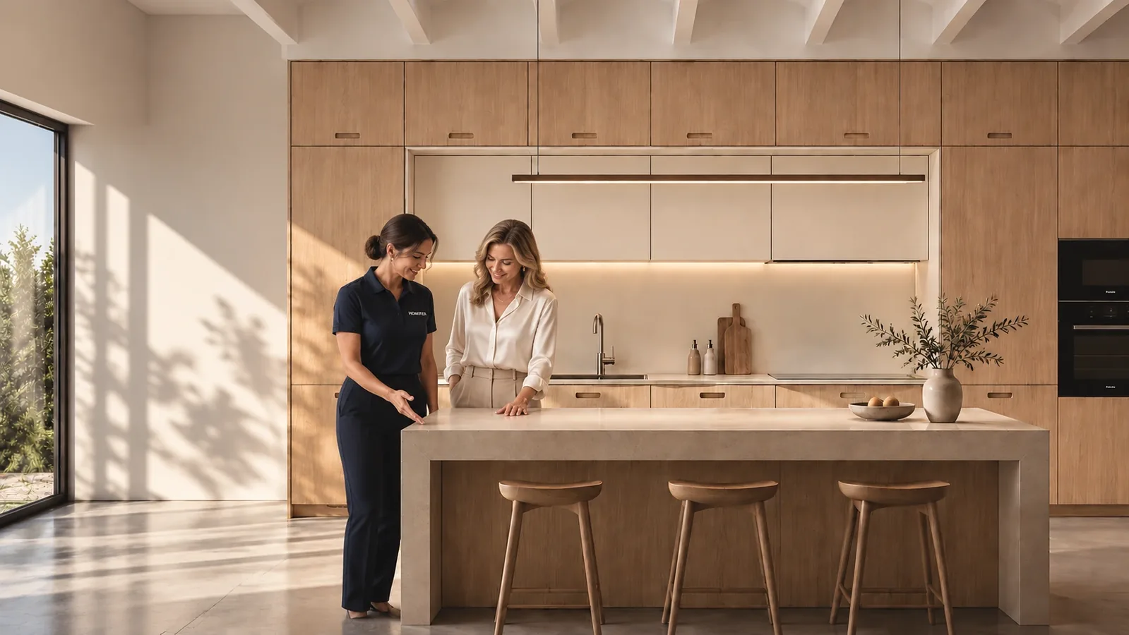 Profesional de Homifier y clienta revisando los acabados de la cocina en la entrega