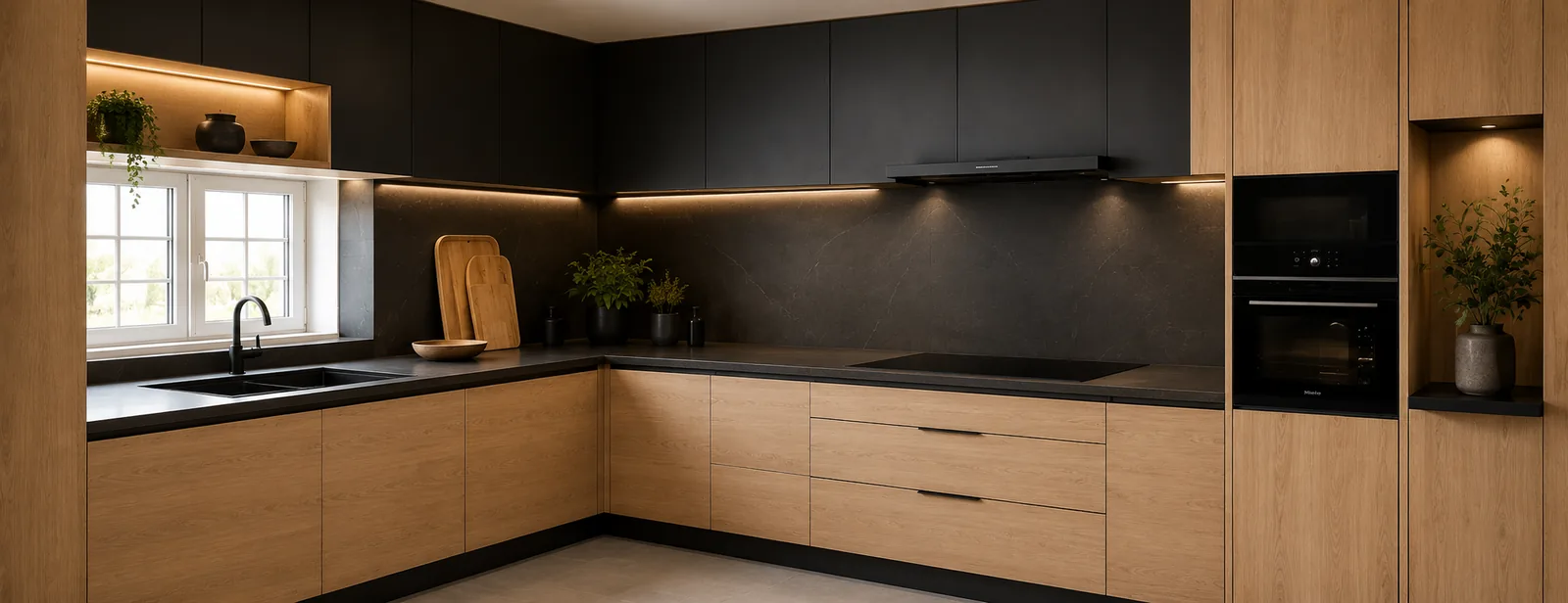 Cocina renovada con madera natural y acabados oscuros