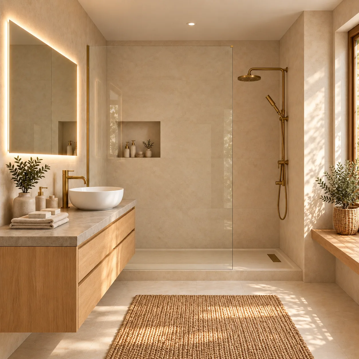 Baño Mediterráneo con madera de roble y grifería dorada