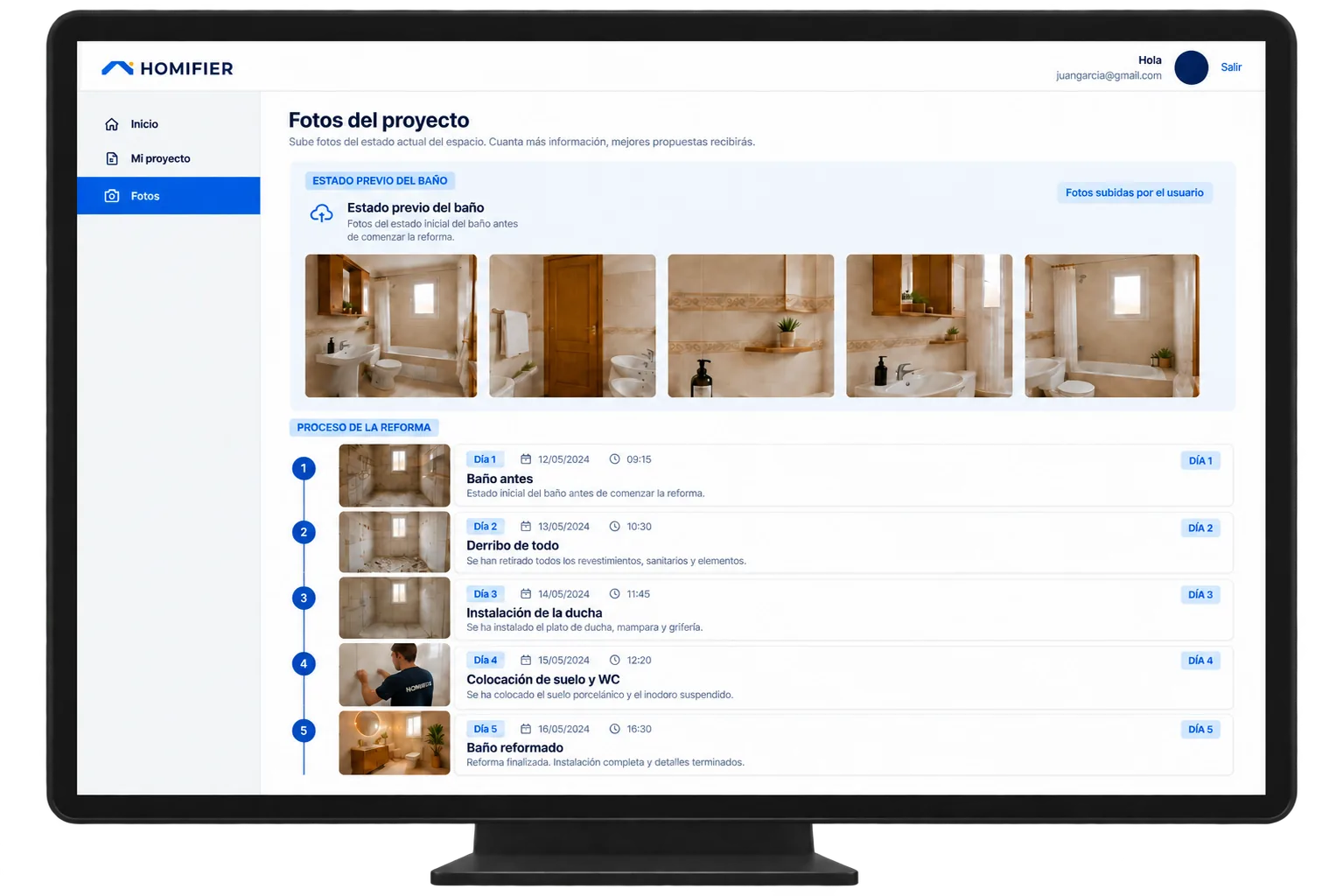 Ejemplo del panel de seguimiento con fases y fotos de la renovación