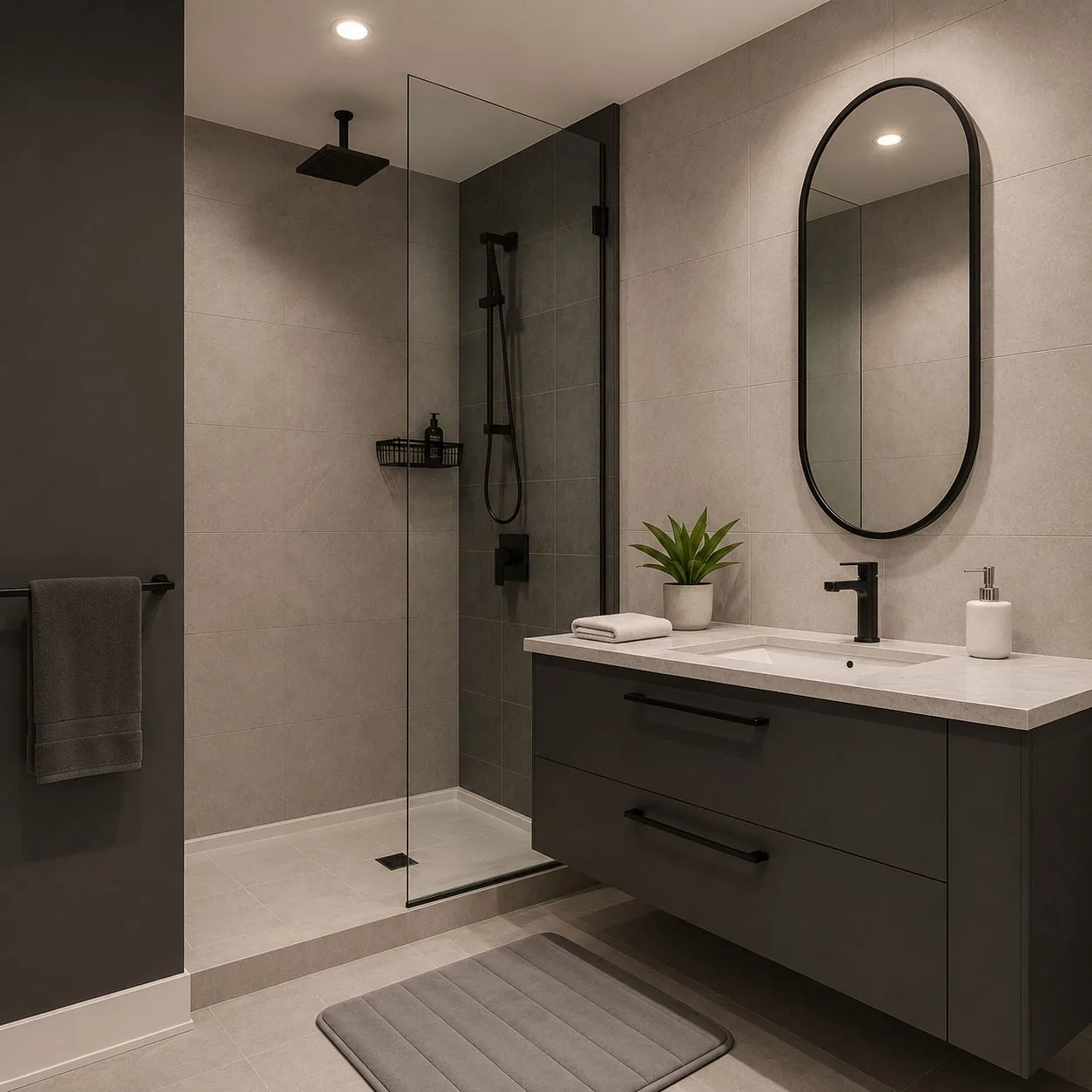 Baño moderno renovado en tonos grises