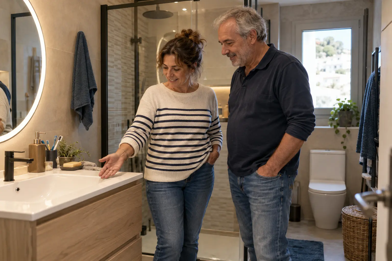 Pareja contemplando su baño recién renovado en Mijas