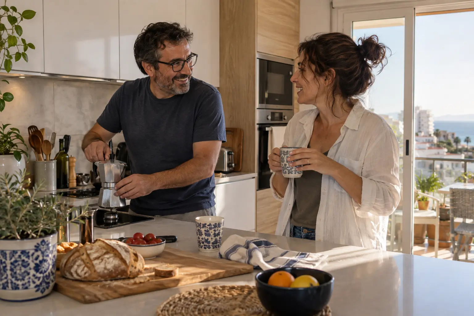Pareja disfrutando de su nueva cocina luminosa en Benalmádena