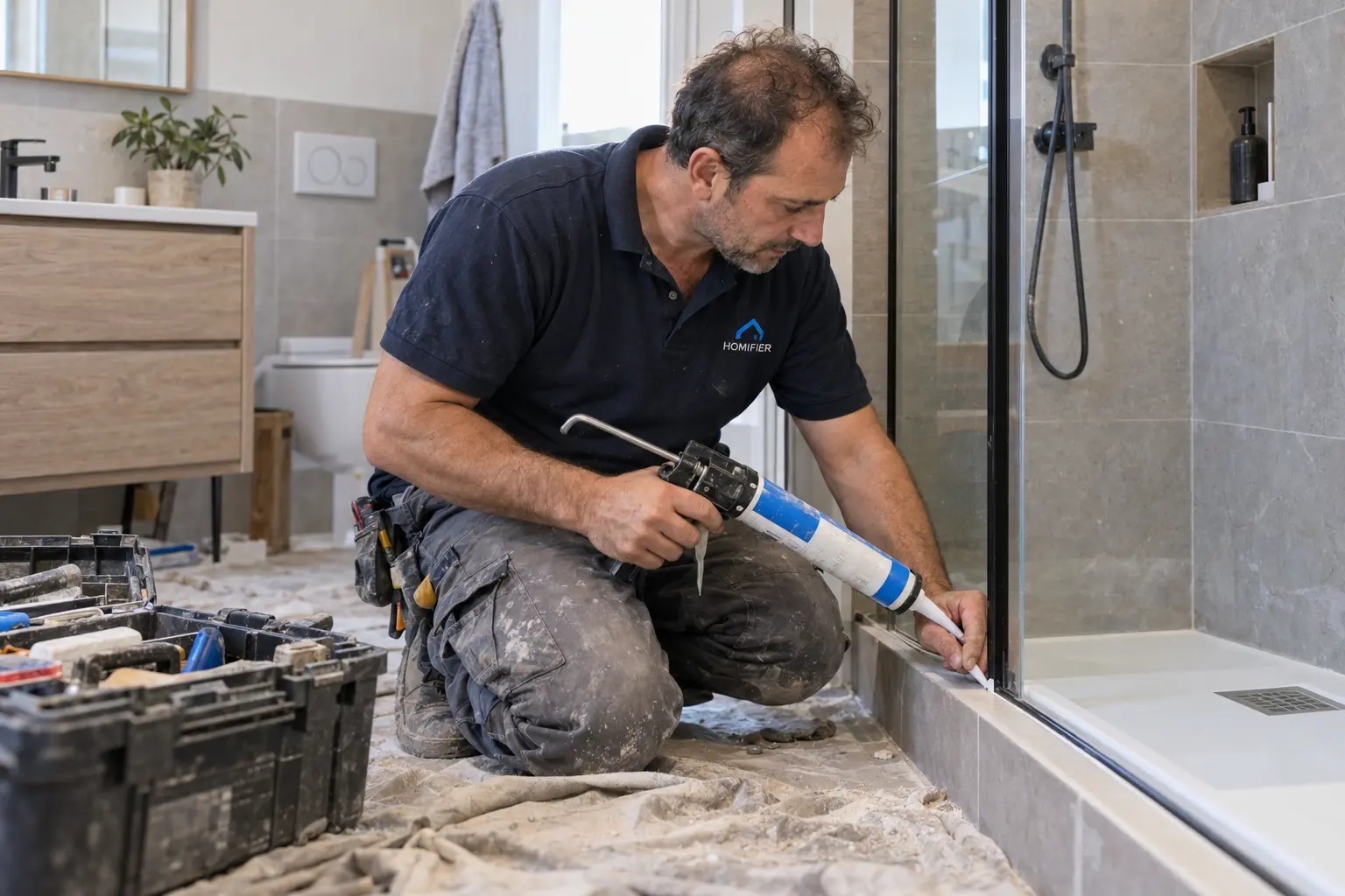 Sergio, jefe de obra de Homifier, comprobando la instalación de una ducha